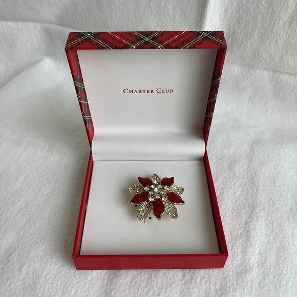 Charter Club Gold tone and red enameled colors with rhinestones Christmas brooch - Picture 2 of 7